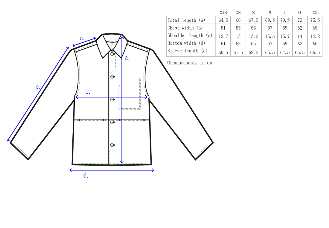 bastidaforwork measurments fuchu shirt uniform workwear